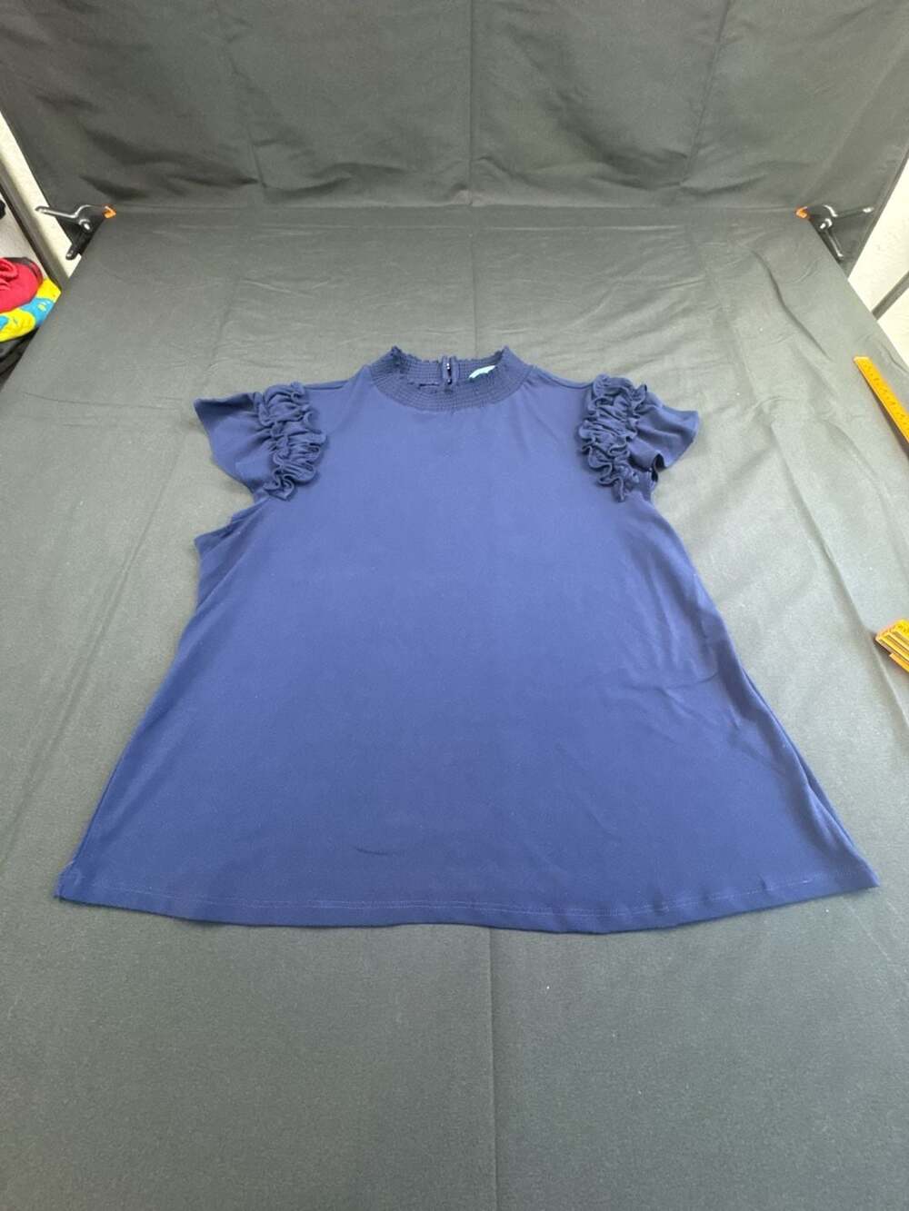 CeCe Navy Blue Ruffled Flutter Sleeve Smocked Mock Neck Knit Top Size L